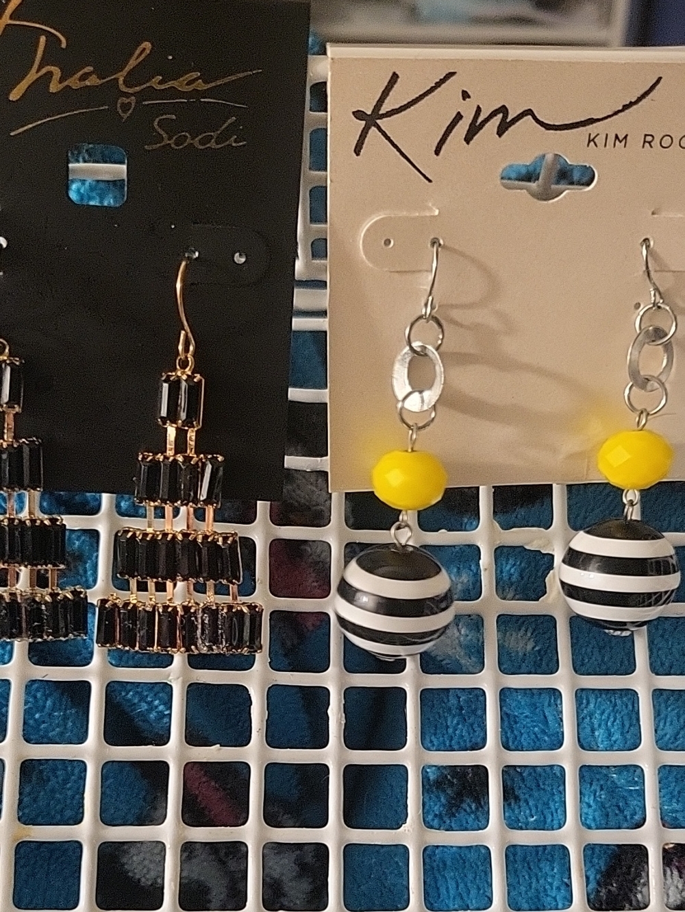 Thalia SODI $FREE Black & White YELLOW Striped Drop Earrings with Yellow Bead.
